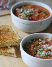 Warmup with this Hearty Tomato Soup with Carrots, Spinach and grated Asiago Cheese. Don't forget the sharp cheddar grilled cheese on sourdough bread!