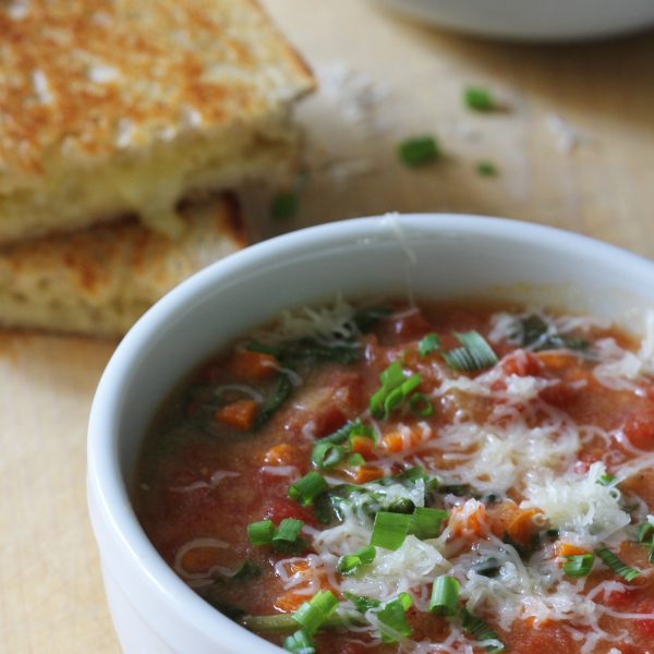 Warmup with this Hearty Tomato Soup with Carrots, Spinach and grated Asiago Cheese. Don't forget the sharp cheddar grilled cheese on sourdough bread!