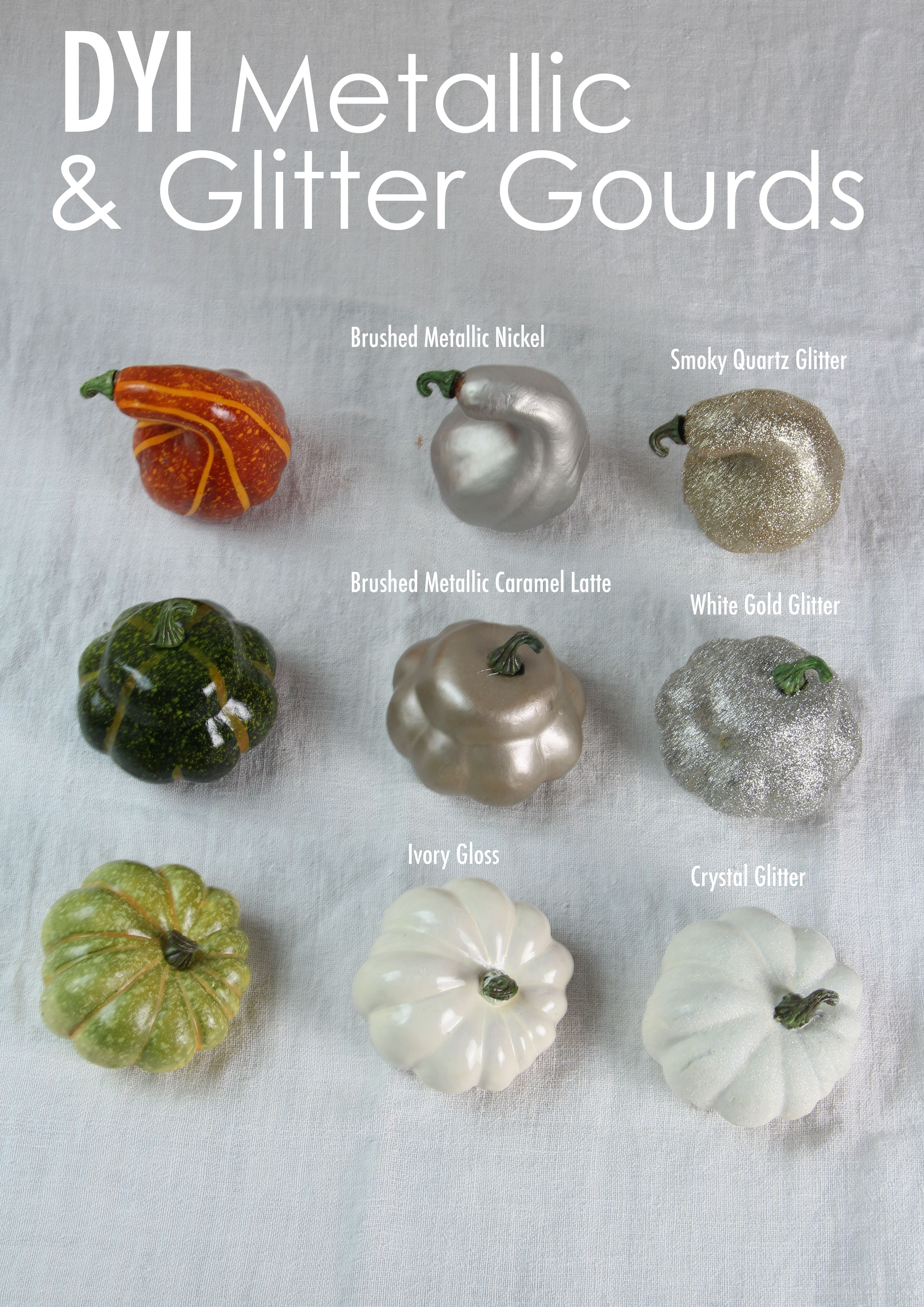 Add glamour and glitter to your Thanksgiving table with these DIY metallic and glitter gourds. Super easy to make and will WOW your guests!