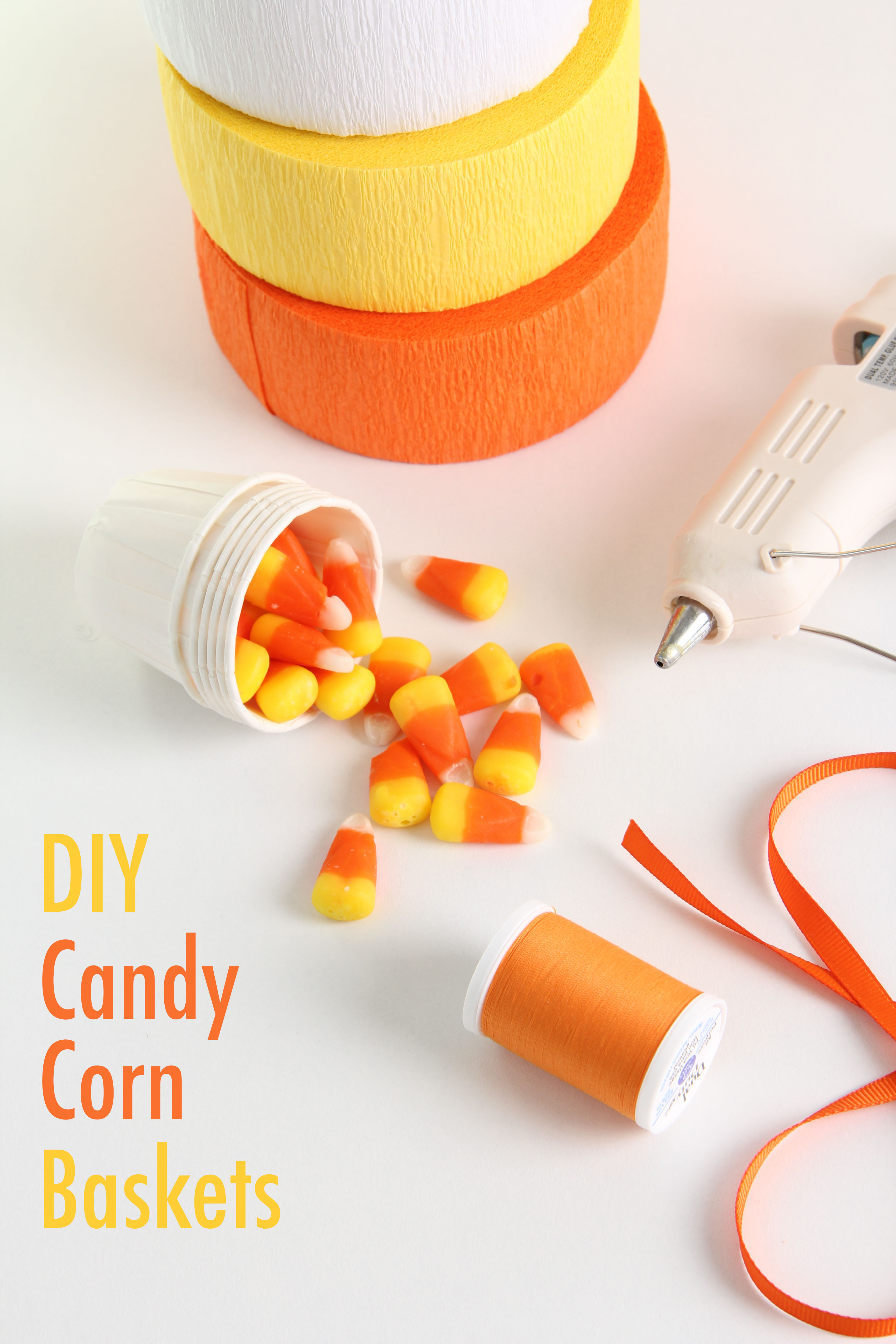 Only a few supplies are needed to make these DIY individual candy corn baskets. All you need are some crepe paper streamers, matching thread, and condiments cups.