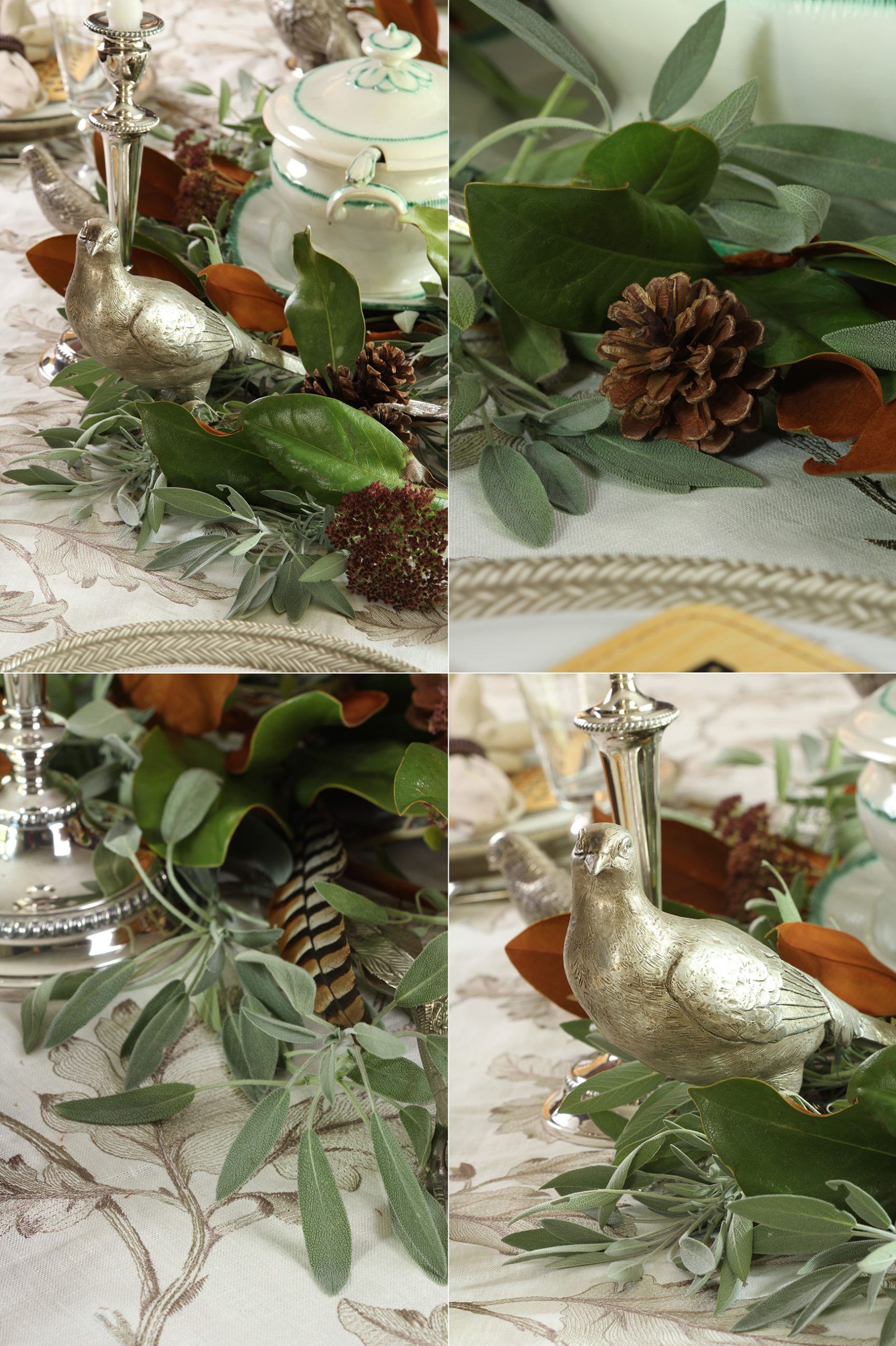 Need a little inspiration for your Thanksgiving table? Why not add some pretty greenery and some silver birds? A fresh and easy update.