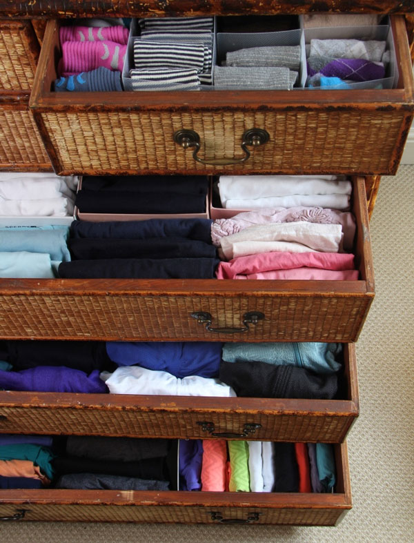 I organized my clothing drawers with dividers and boxes