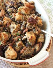 Switch up your stuffing this year with this two way stuffing with mushrooms and bacon. A delicious side for Thanksgiving that your guests will love!