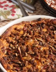 Update your Thanksgiving menu with this sweet potato pudding with pecan and gingersnap topping. You won't believe how light it is and so delicious!