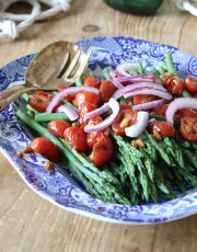 Looking for a healthy, delicious side dish Ridgely Brode makes Asparagus with Balsamic Tomatoes and Pine Nuts on her blog Ridgely's Radar.