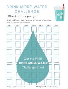 Are you drinking enough water? Lifestyle Blogger, Ridgely Brode has created a Drink More Water challenge and has this handy check off chart!