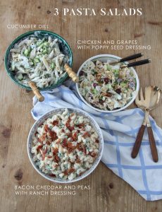 Make one of these 3 Pasta Salads for your next BBQ. Choose from Cucumber and Dill, Chicken Grape Pasta with Poppy Seed Dressing or Bacon Ranch Pasta. Yum!