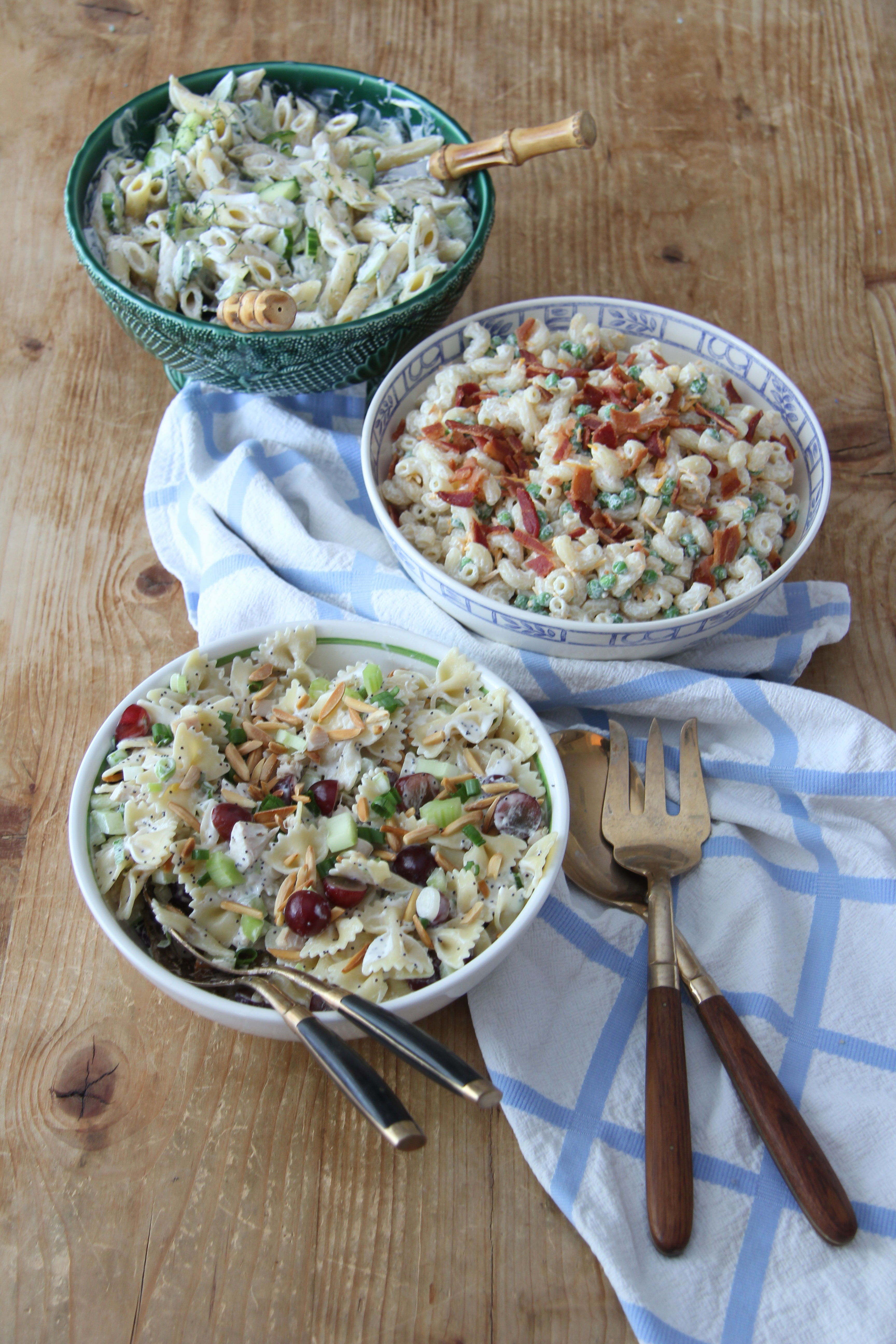 Make one of these 3 Pasta Salads for your next BBQ. Choose from Cucumber and Dill, Chicken Grape Pasta with Poppy Seed Dressing or Bacon Ranch Pasta. Yum!