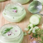 Garnished Chilled Cucumber Dill and Yogurt Soup in Wide mouth Mason Jars for a Picnic
