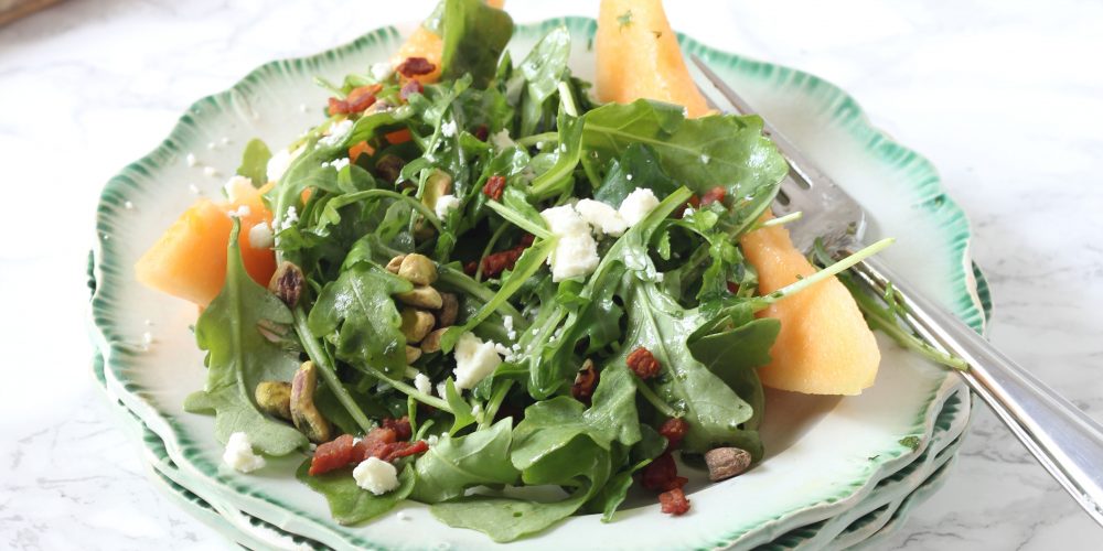 Try this twist on a classic prosciutto and melon appetizer by making this melon and crispy prosciutto arugula salad. It is delicious!