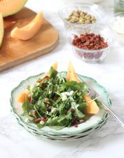 Try this twist on a classic prosciutto and melon appetizer by making this melon and crispy prosciutto arugula salad. It is delicious!