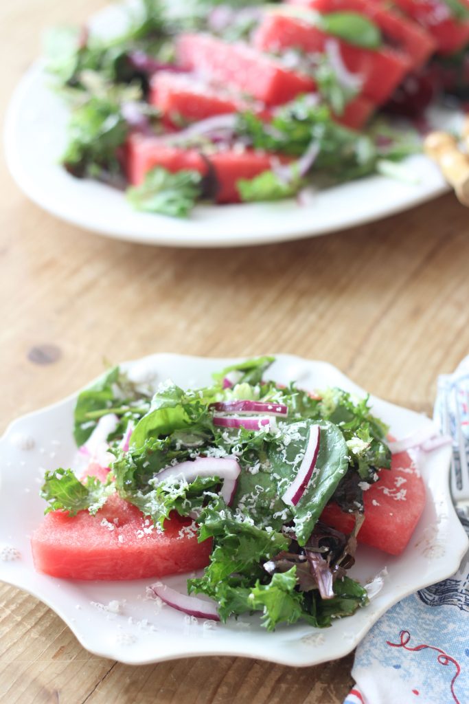 Hot days and Nights call for a Watermelon Salad! The cool, crisp watermelon is the perfect pairing with the salty cotija cheese and balsamic dressing.