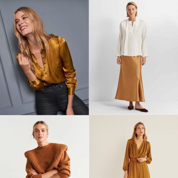 What are you wearing for Thanksgiving? Pick from these beautiful satin dresses, skirts and blouses in caramel, gold and burnt orange.