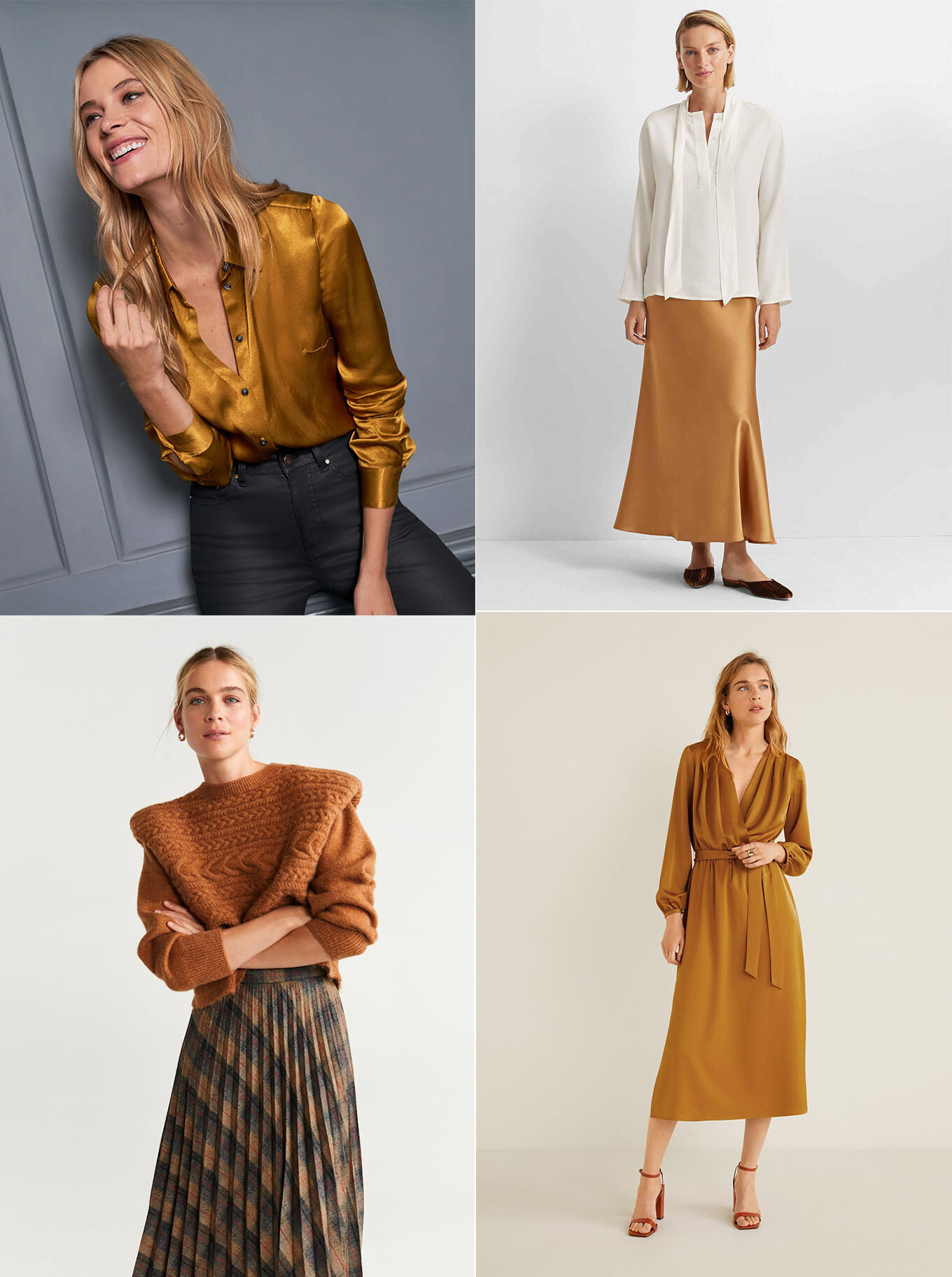 What are you wearing for Thanksgiving? Pick from these beautiful satin dresses, skirts and blouses in caramel, gold and burnt orange.