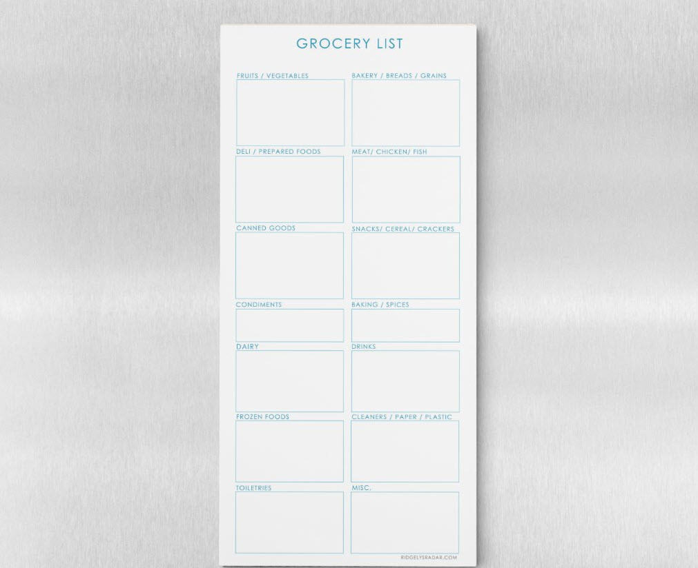 Grocery List 4x9 Magnetic Notepad Blue on Fridge