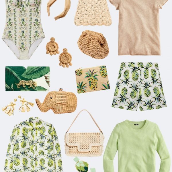 Mix tropical prints with mellow solids and textured raffia accessories for vacation style that is chic and understated.
