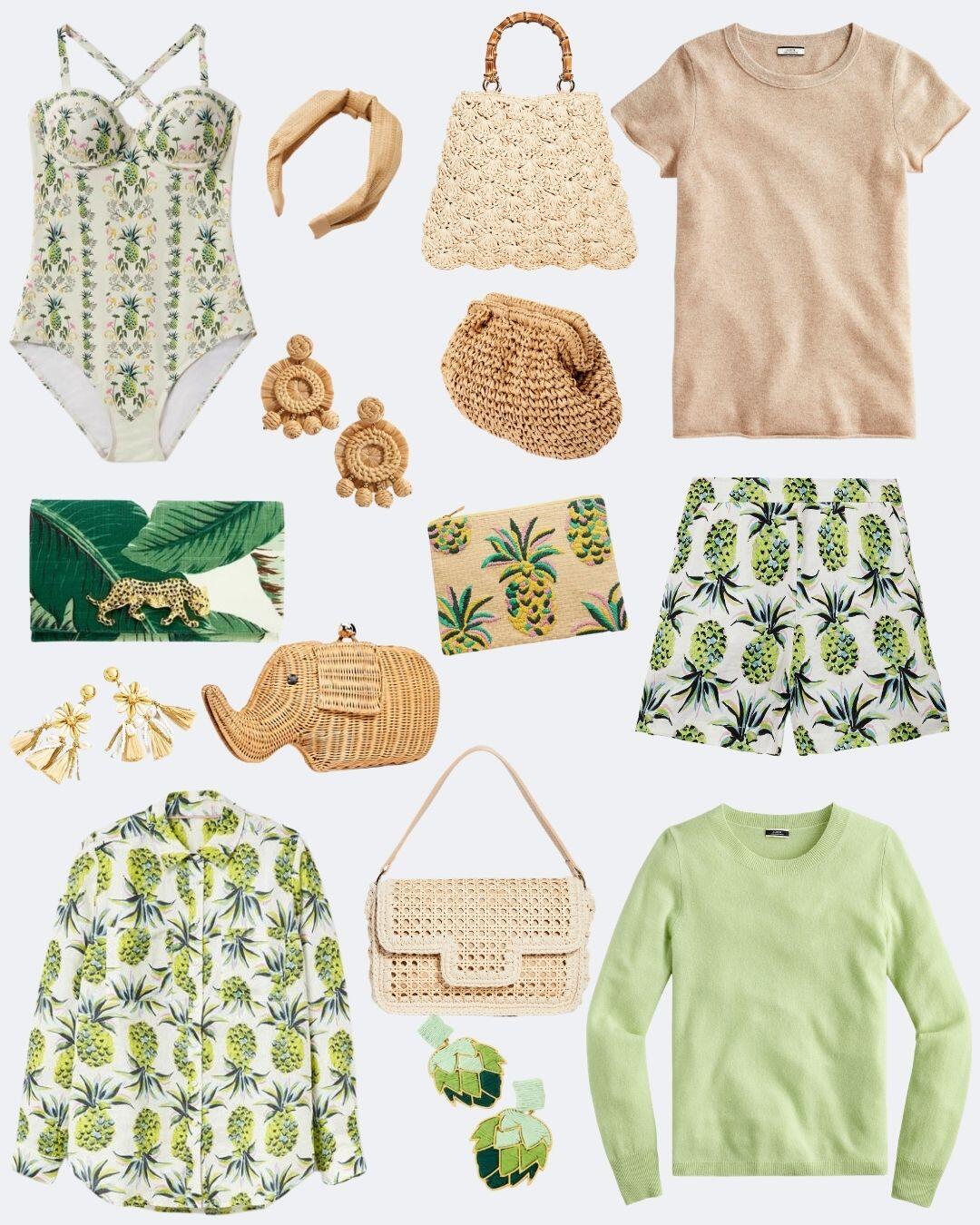 Mix tropical prints with mellow solids and textured raffia accessories for vacation style that is chic and understated.