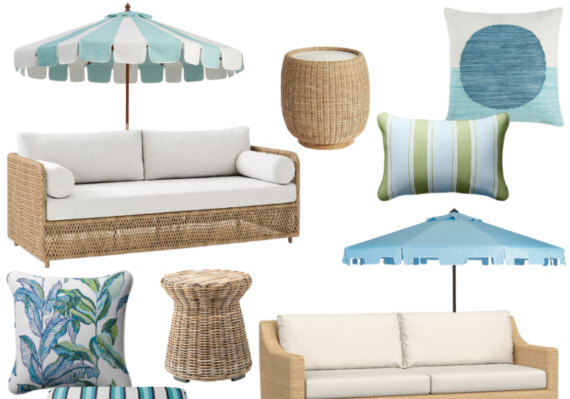 I am looking for all-weather wicker furniture for lounging, large umbrellas for shade and blue accent pillows for our new pool area.