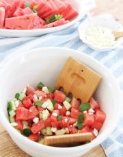 This watermelon salad with feta and cucumber is perfect for a HOT Summer day or night. Crispy, refreshing, sweet with a salty bite mixed in.