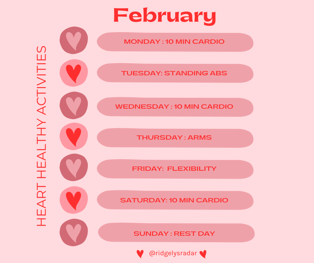 February Heart Healthy Challenge chart of daily exercises for the month.
