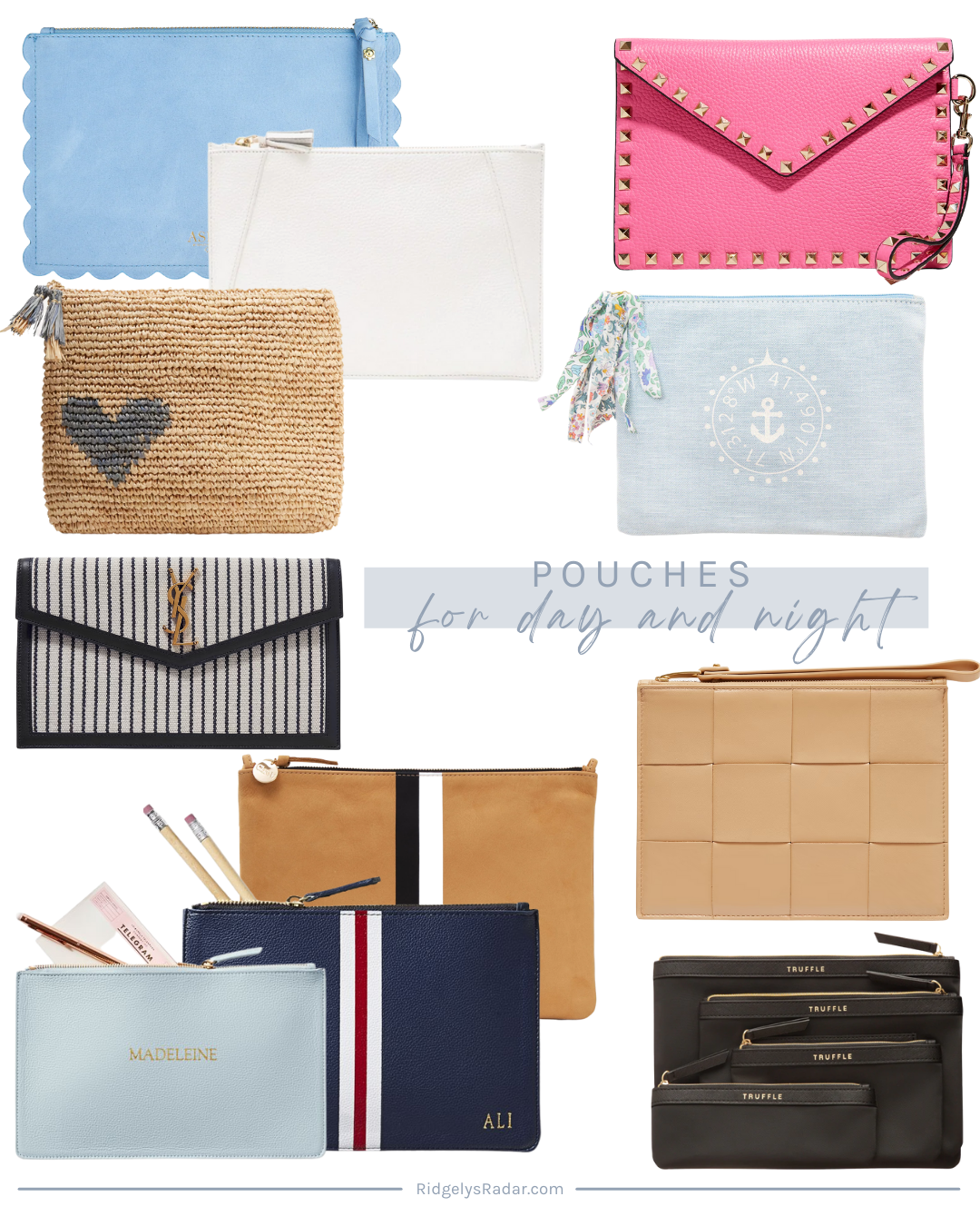 Pouches are the best way to get organized! Use them for makeup, on the go for snacks, travel documents and I love how they double as a clutch!