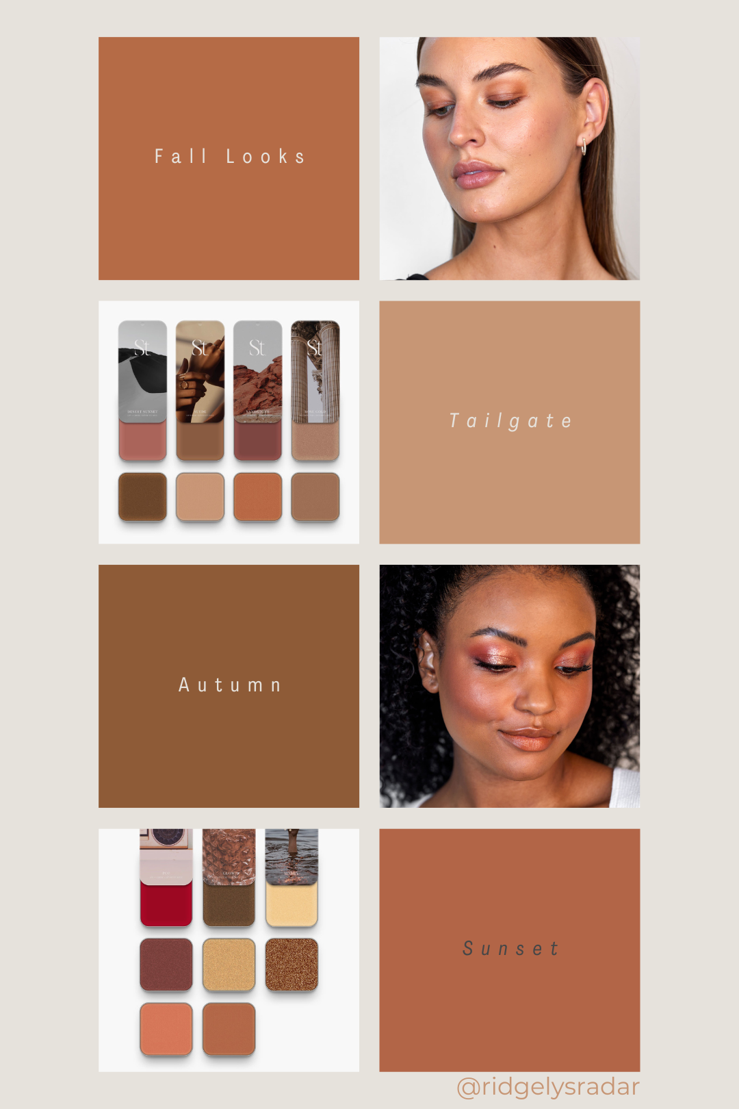 Change up your makeup for Fall with these four looks with colors inspired from the season from burnt oranges, soft greens, and golden shimmer.