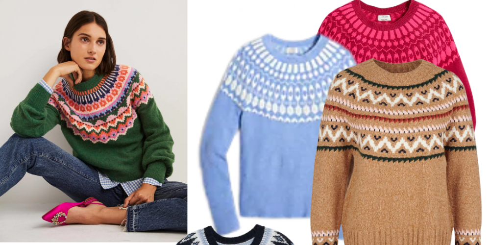 Get cozy and stay warm in these colorful Fair Isle sweaters. Perfect for a casual Holiday party, a festive zoom or a outside stroll.