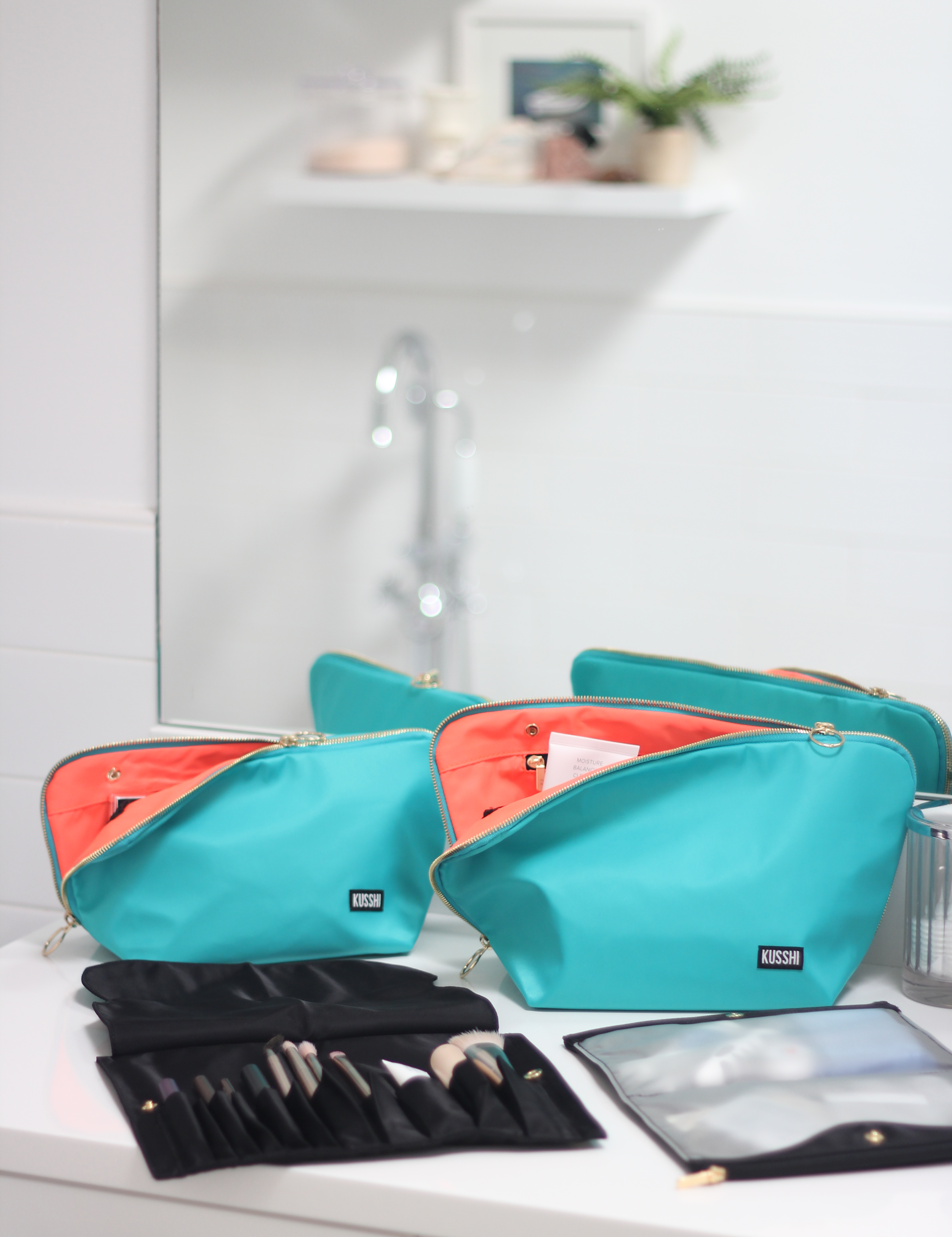 Your search is over! These are the best travel makeup bags! They stand up, are Washable, and have lots of organization!