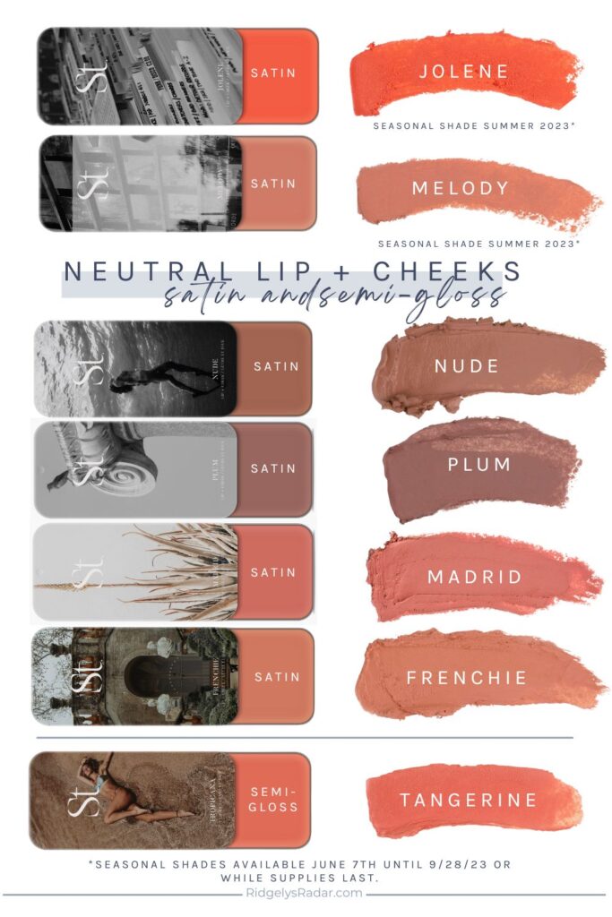 Seint Shades of the Season III are here! Four beautiful Lip and Cheeks to enhance your Summer glow with a natural shine or a pop of color. Compare them to the stock neutral satin, gloss and semi-gloss colors.